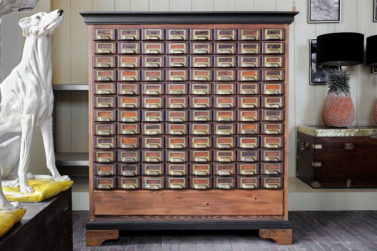 Beautiful and rare Chest of Drawers out of an old workshop..
96 drawers with on some of them still the examples on the front of what type of nails were in the drawers.
This item has had a full professional restoration to bring it back to it;s former