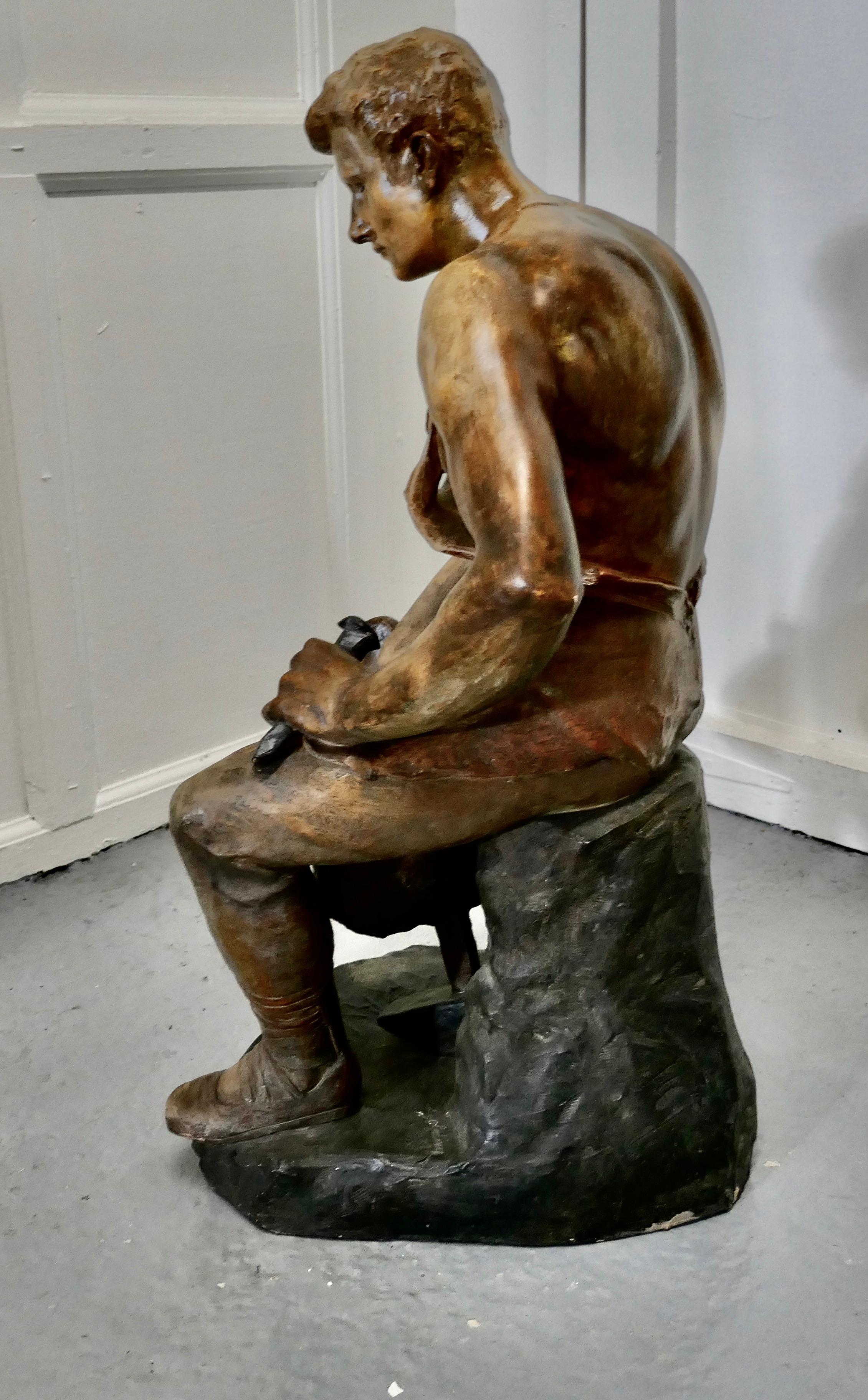 Large 1920s Plaster Figure of the Seated Blacksmith, Le Travail For Sale 1