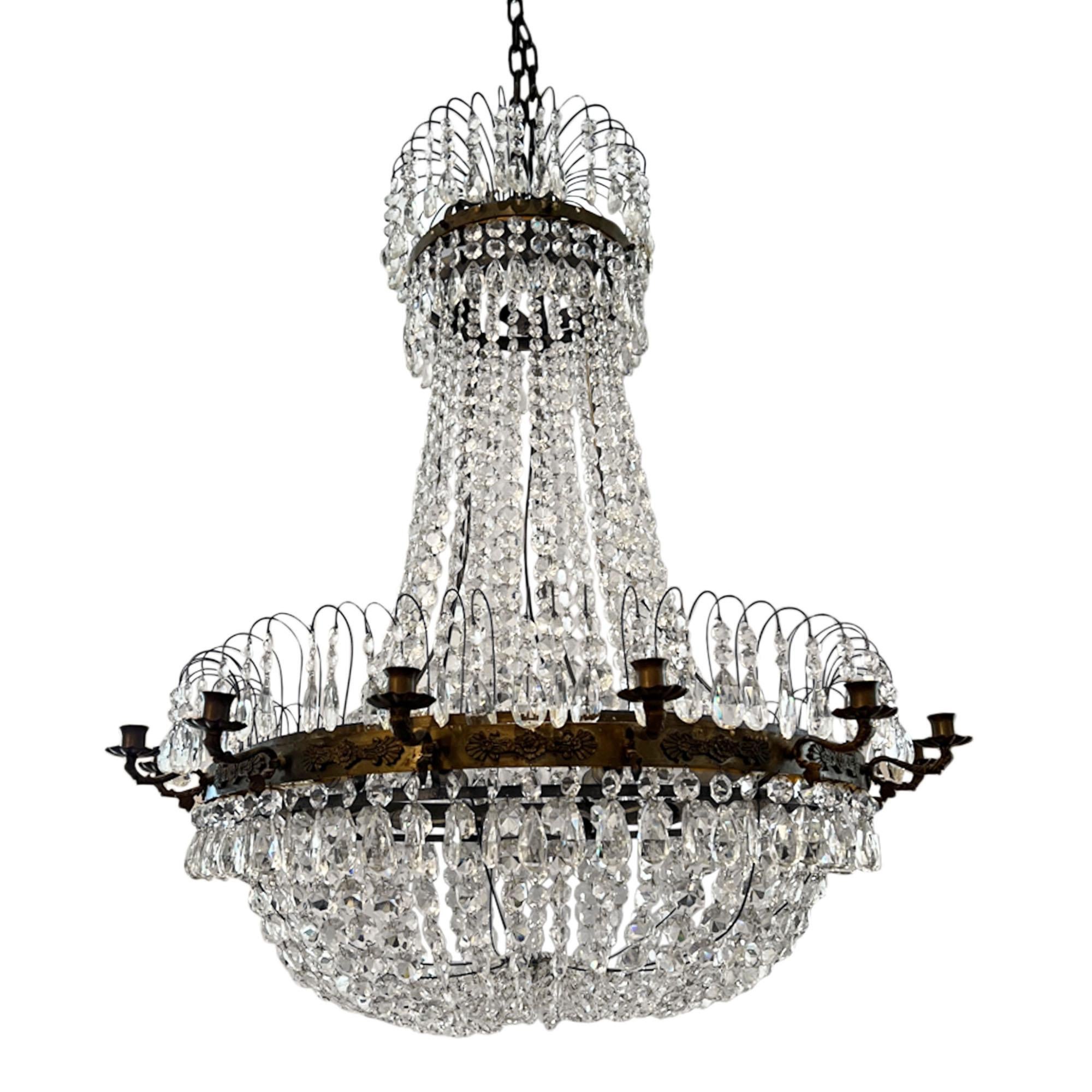 A grand basket chandelier, made in Sweden in the 1920s.

Made from bronze and crystal. 

Stunning!.