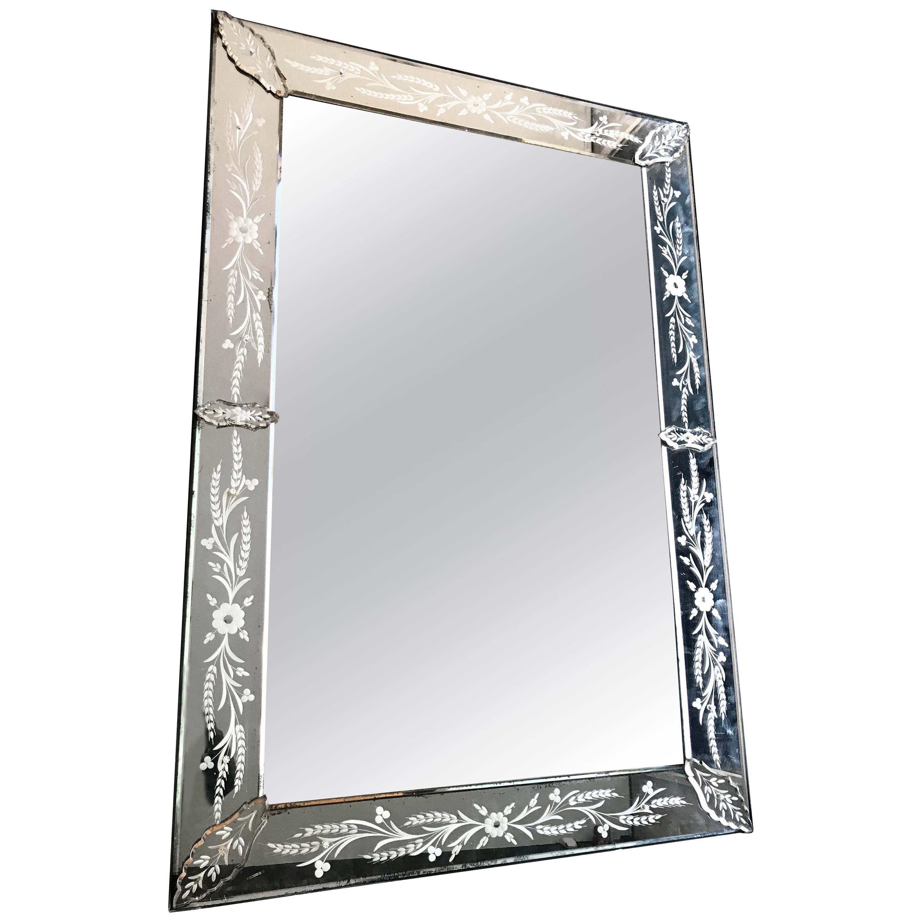 Large 1920s Venetian Mirror with Etched Mirrored Frame