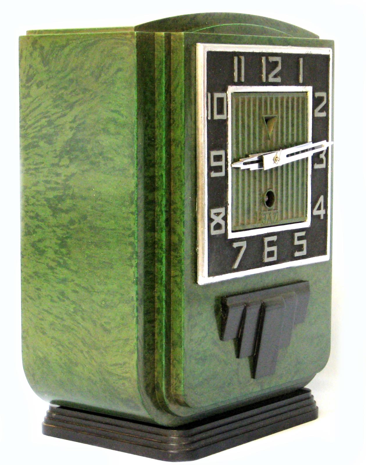 French Large 1930s Art Deco Green Bakelite Mantle Clock