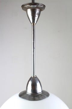 Large 1930s Art Deco Opal Glass Chrome Ceiling Lamp with Long Pole