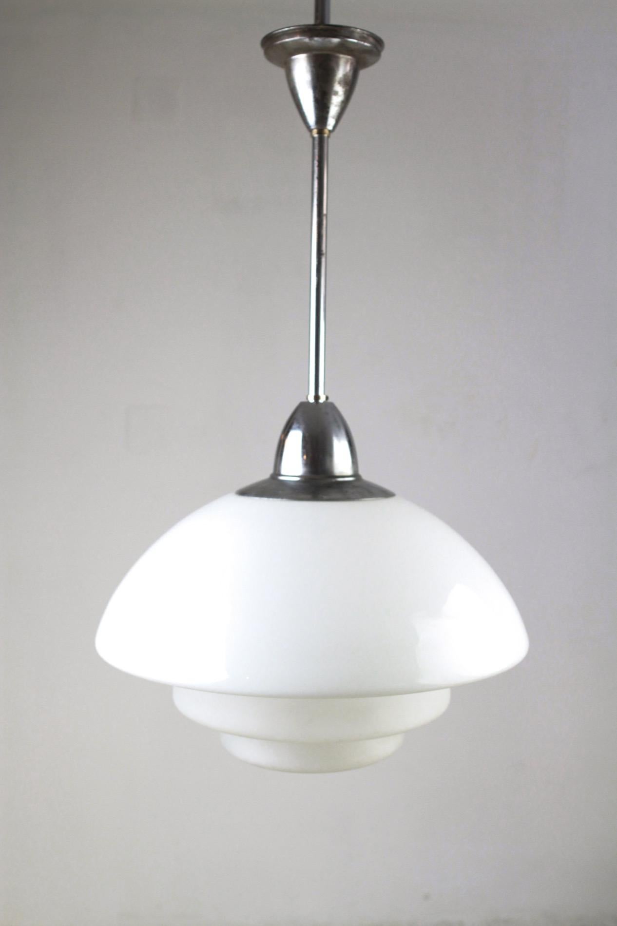 Mid-20th Century Large 1930s Art Deco Opal Glass Chrome Ceiling Lamp with Long Pole For Sale