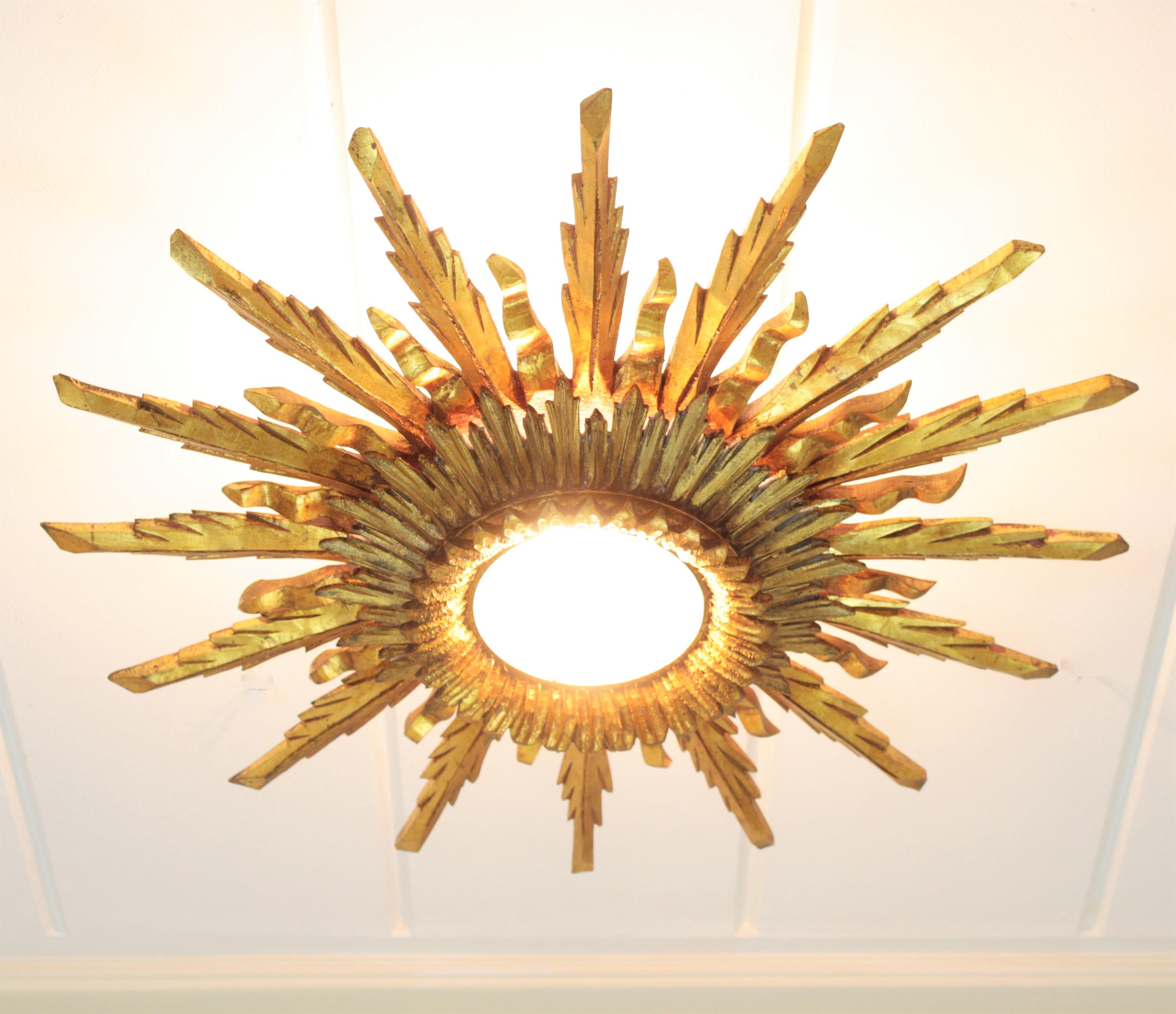 Gesso Large 1930s Baroque Gold Leaf Giltwood Sunburst Ceiling Light Fixture / Mirror