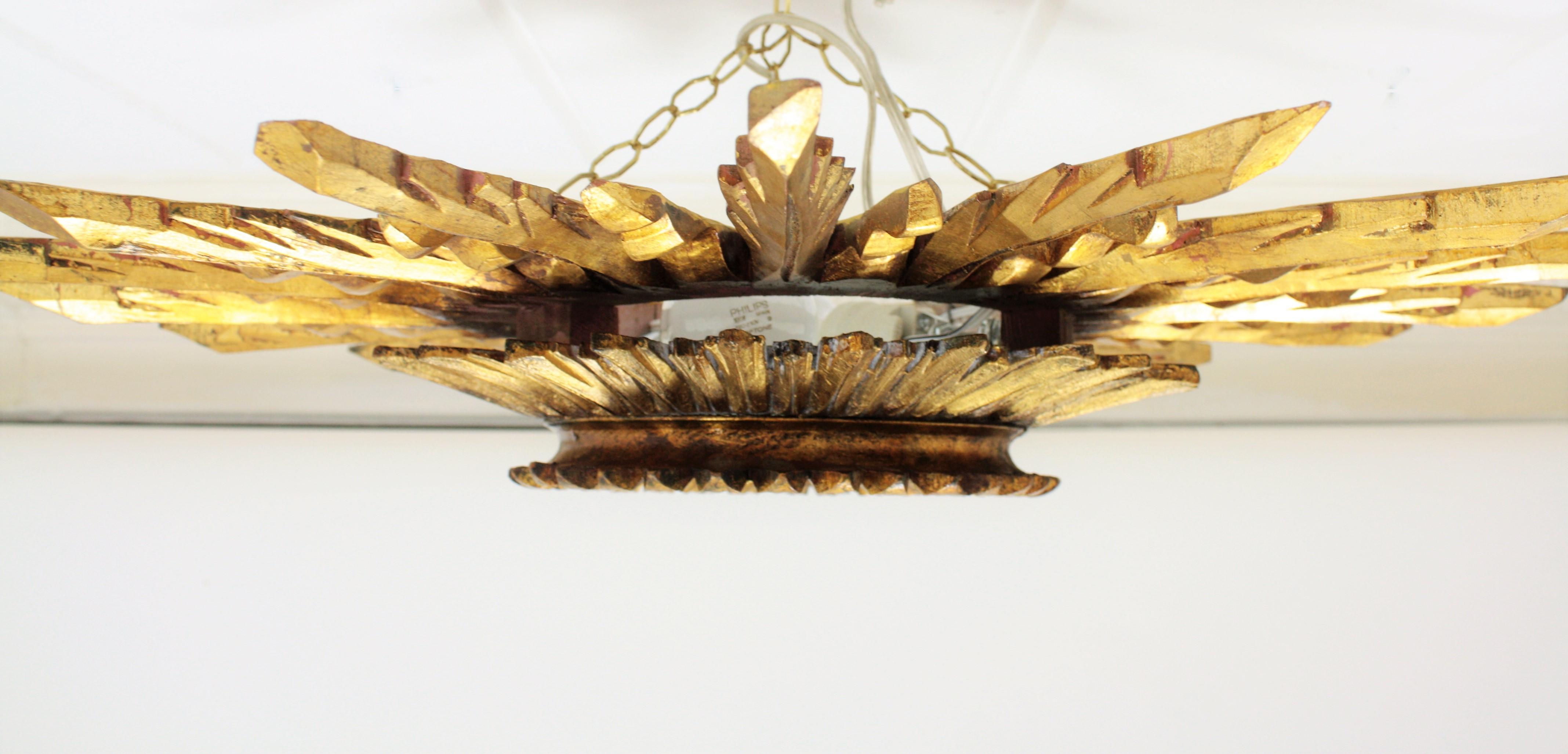 Large 1930s Baroque Gold Leaf Giltwood Sunburst Ceiling Light Fixture / Mirror 3