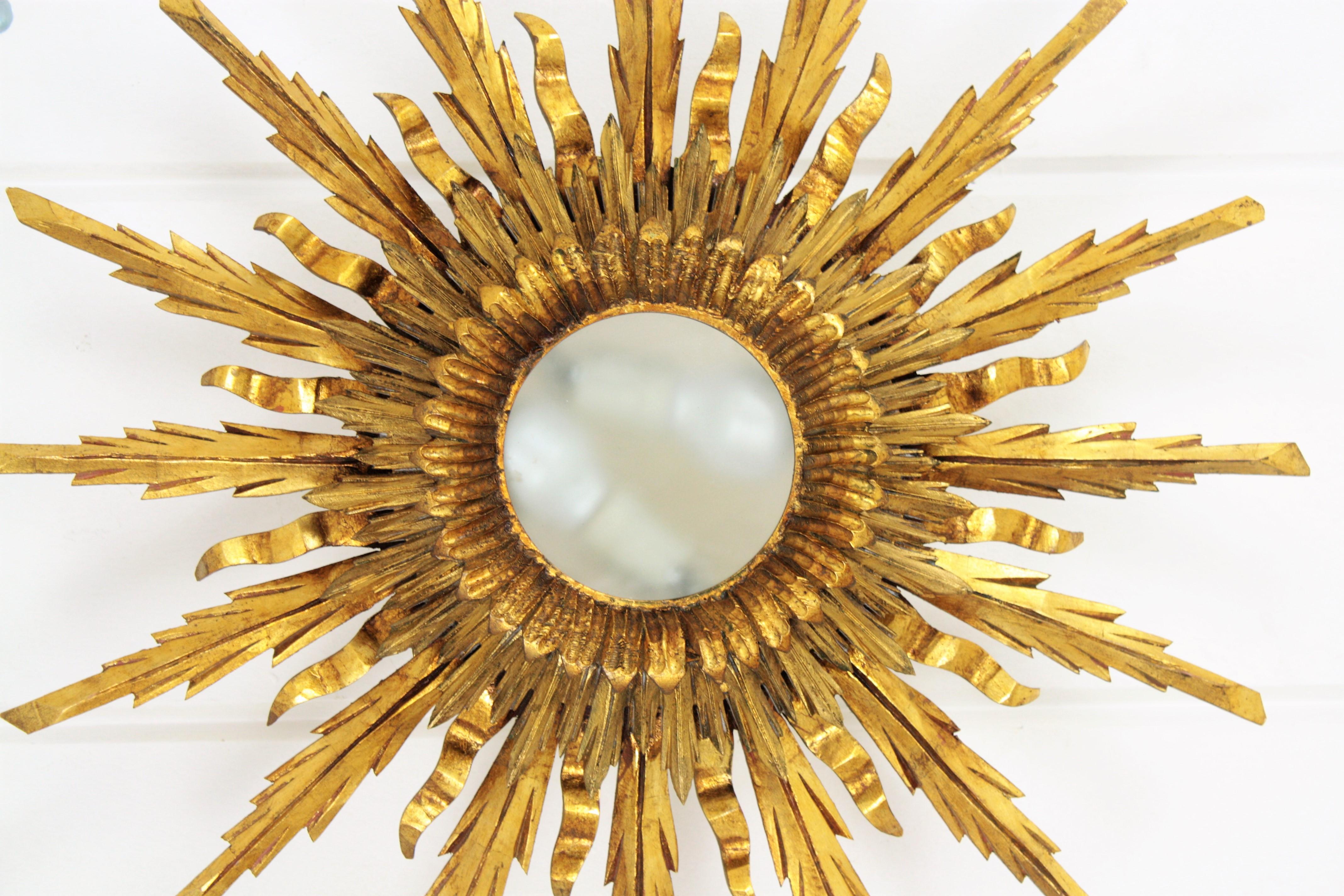 Spanish Large 1930s Baroque Gold Leaf Giltwood Sunburst Ceiling Light Fixture / Mirror