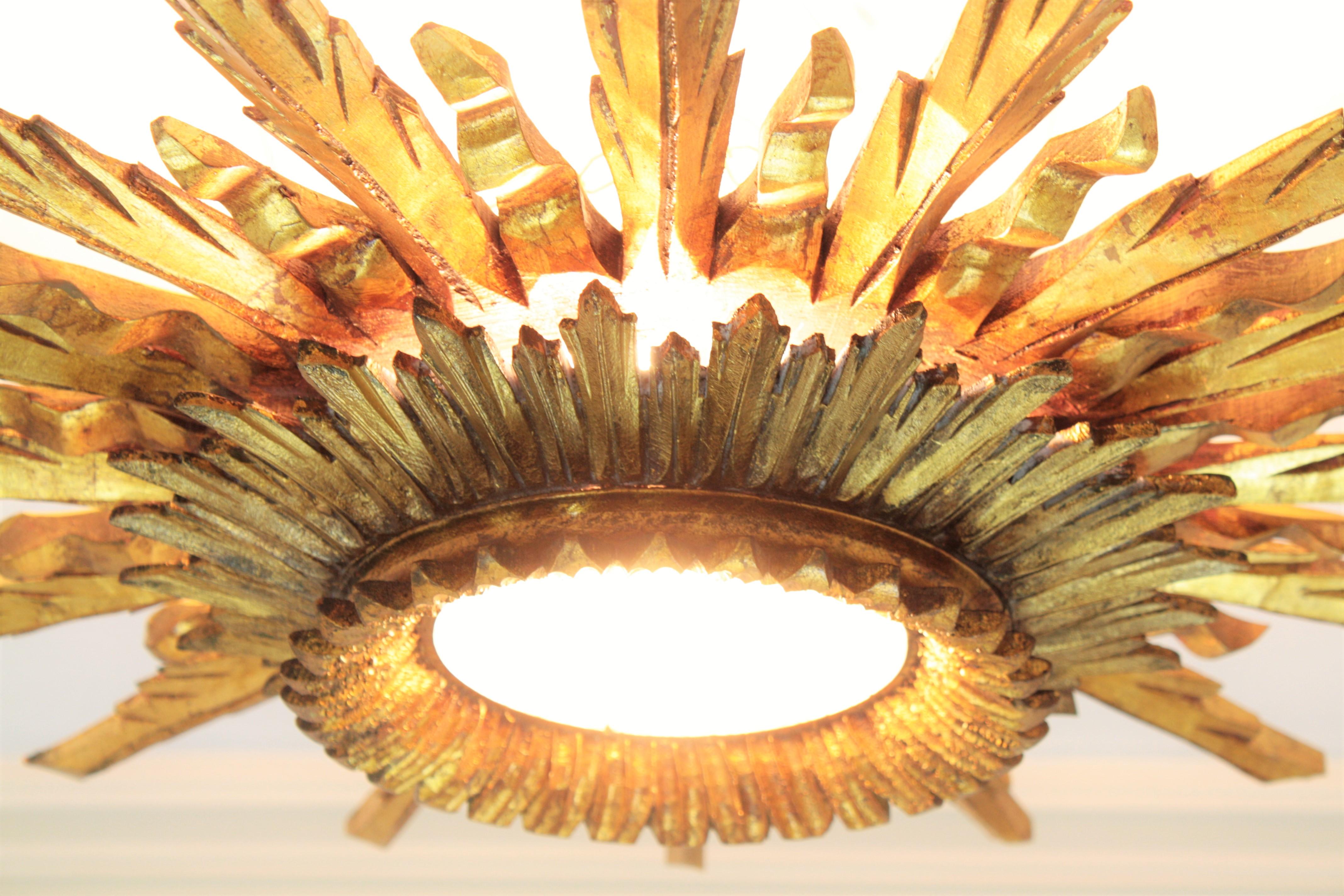 Frosted Large 1930s Baroque Gold Leaf Giltwood Sunburst Ceiling Light Fixture / Mirror