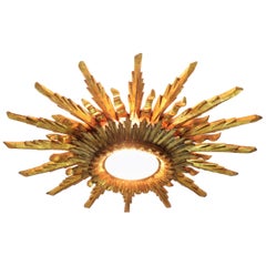 Large 1930s Baroque Gold Leaf Giltwood Sunburst Ceiling Light Fixture / Mirror