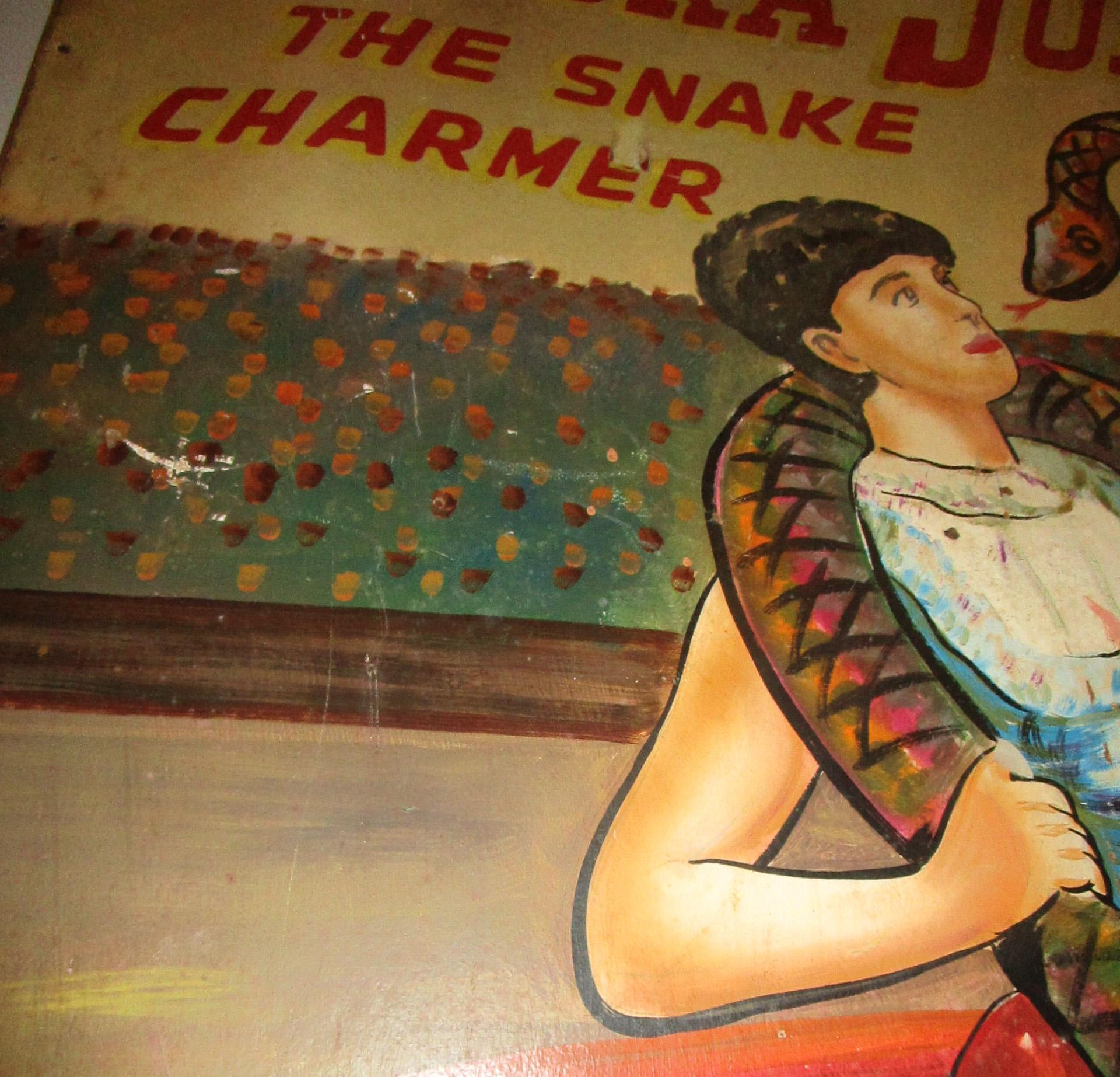 Large 1930s Carnival Sideshow Painting on Wood Senora Juanita the Snake Charmer 4
