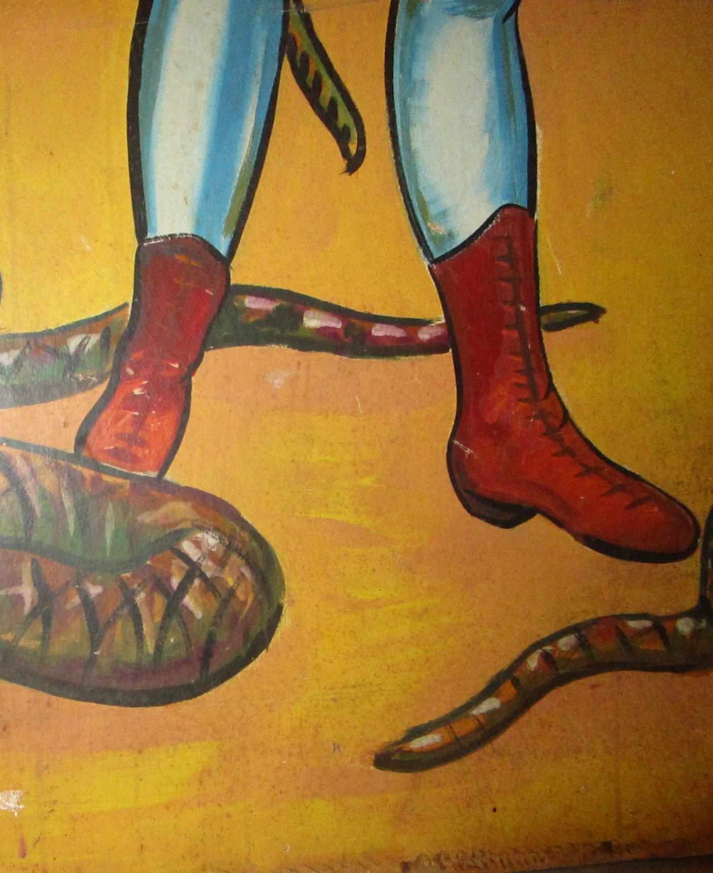 Folk Art Large 1930s Carnival Sideshow Painting on Wood Senora Juanita the Snake Charmer