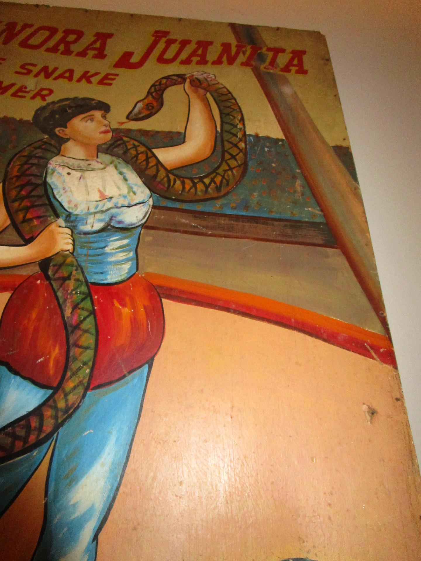 Hand-Painted Large 1930s Carnival Sideshow Painting on Wood Senora Juanita the Snake Charmer
