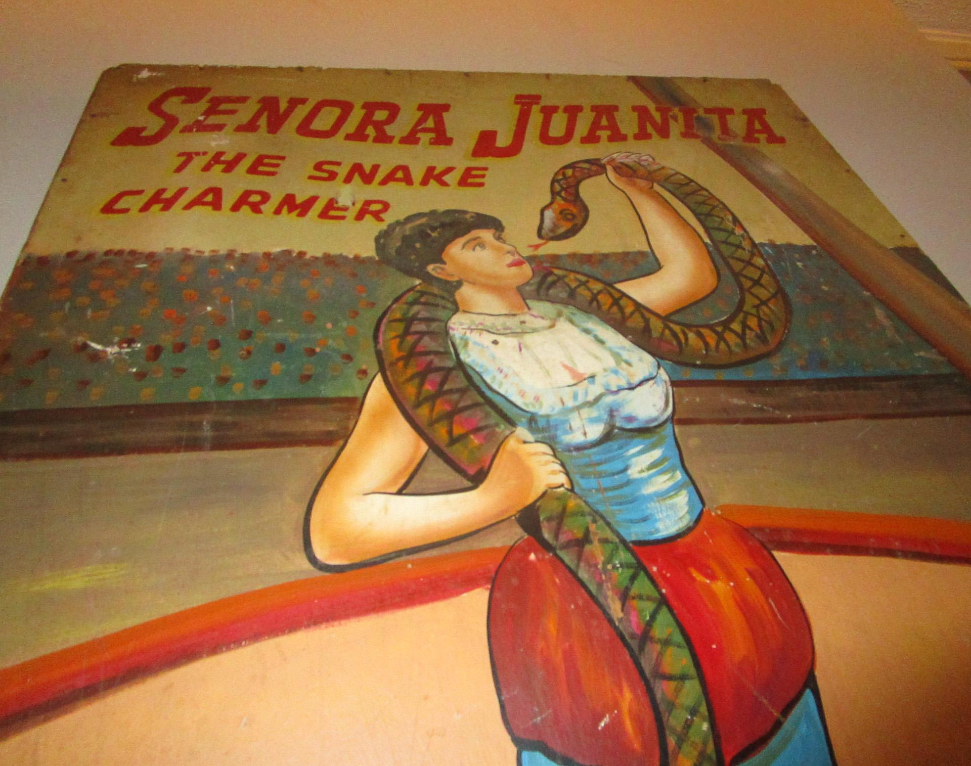 Large 1930s Carnival Sideshow Painting on Wood Senora Juanita the Snake Charmer In Good Condition In Savannah, GA
