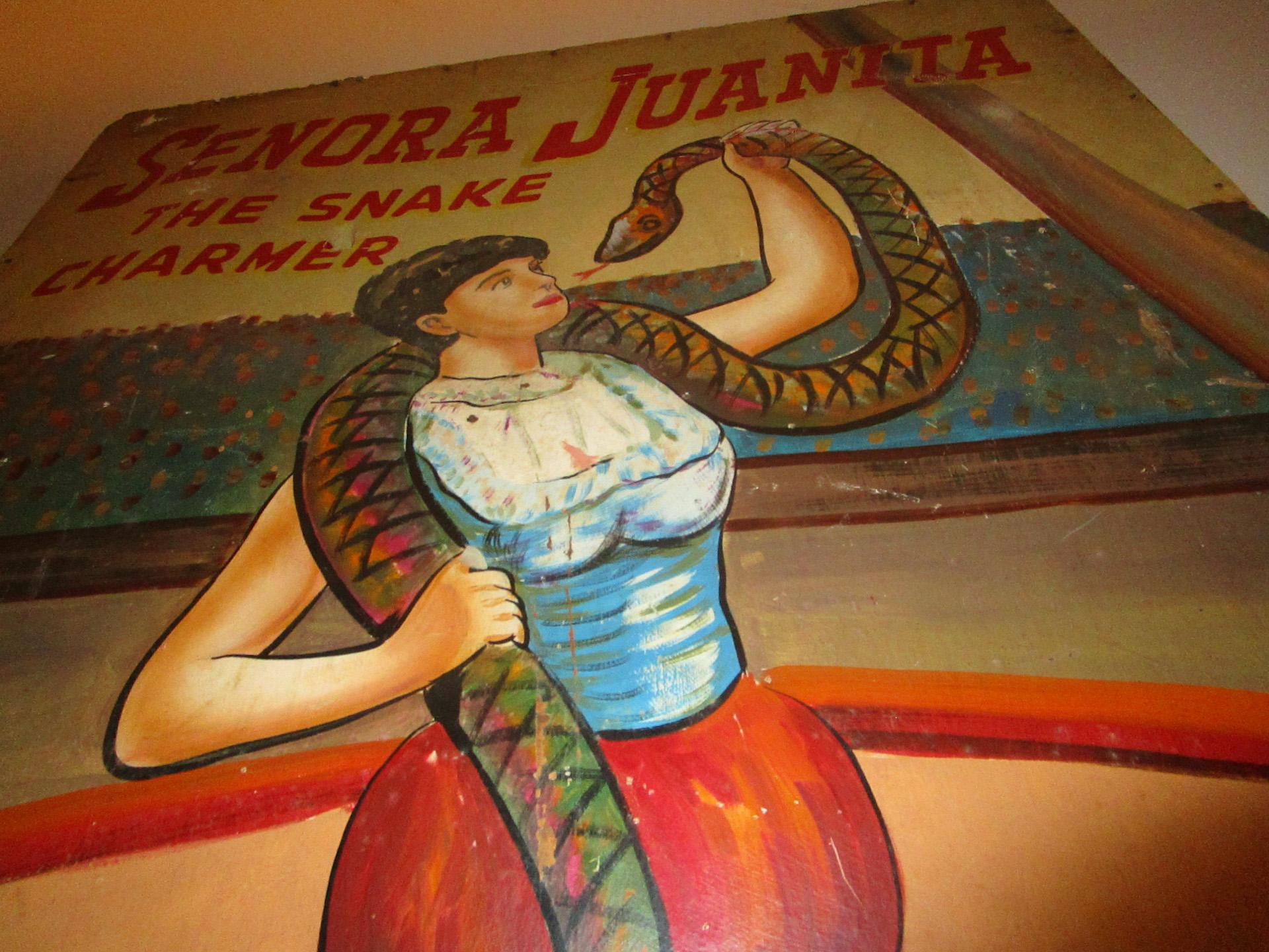 Large 1930s Carnival Sideshow Painting on Wood Senora Juanita the Snake Charmer 1