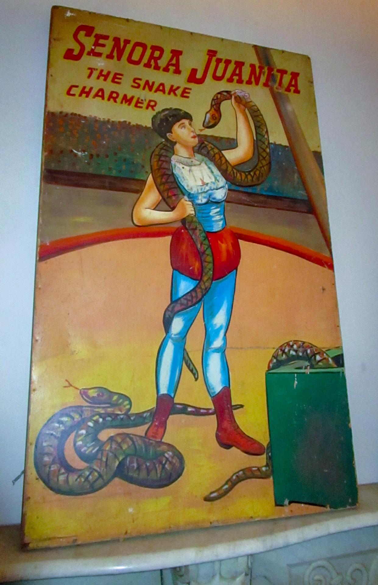 Large 1930s Carnival Sideshow Painting on Wood Senora Juanita the Snake Charmer 2