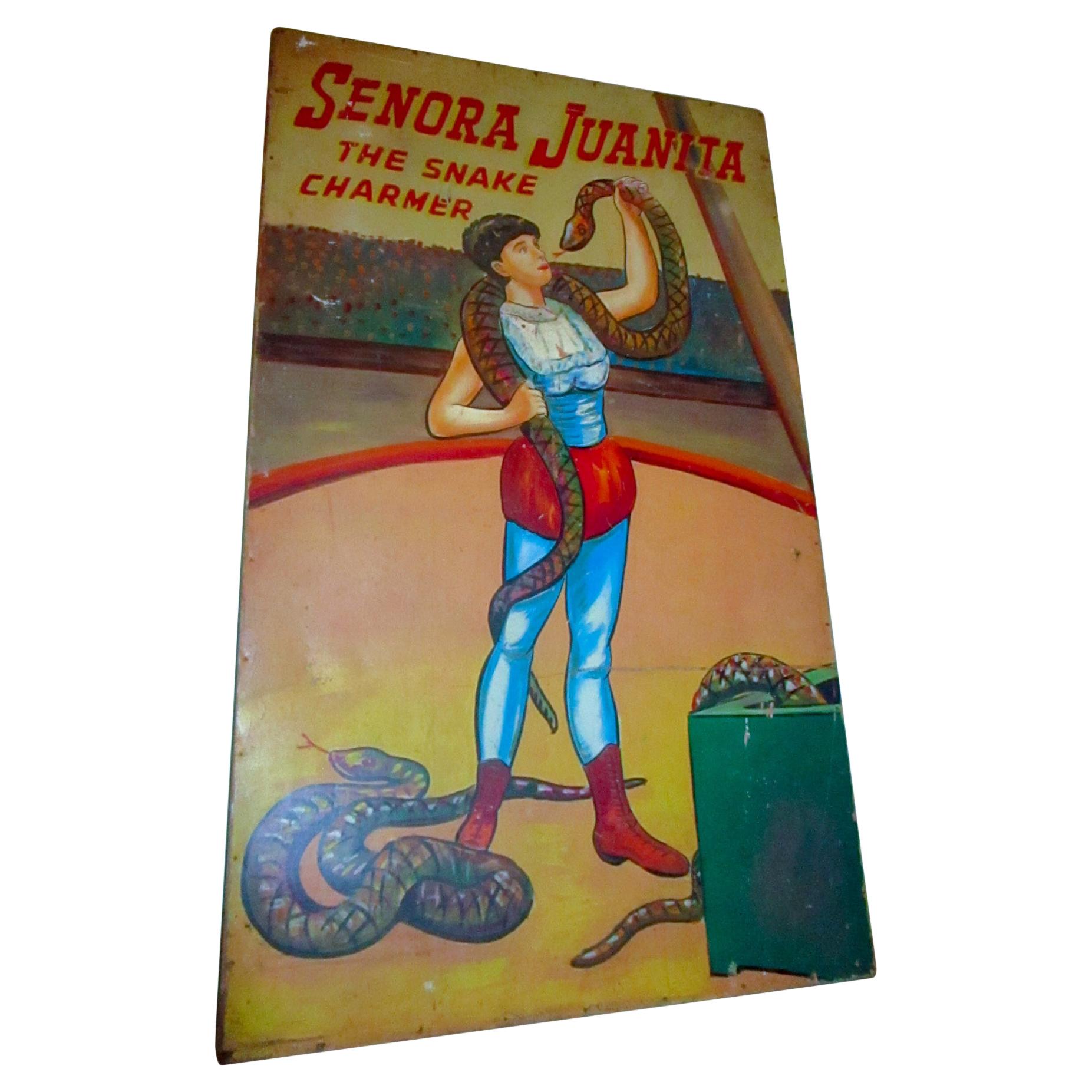 Large 1930s Carnival Sideshow Painting on Wood Senora Juanita the Snake Charmer