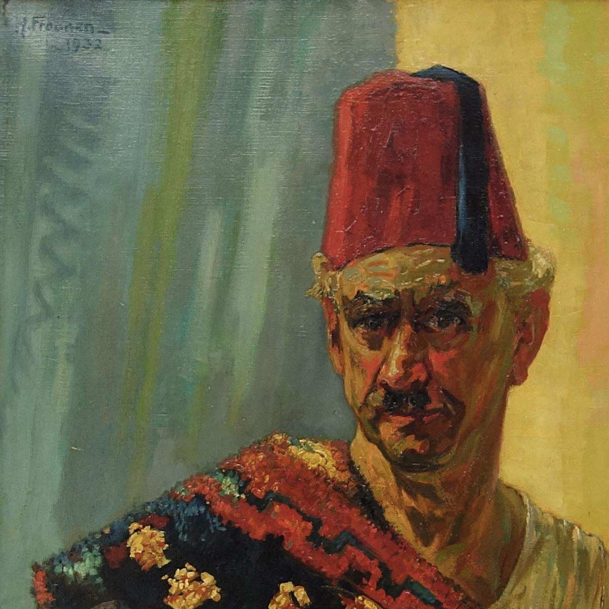 Modern Large 1930s Oil Painting of Moroccan Seller of Kelims and Jewels by Hein Froonen For Sale