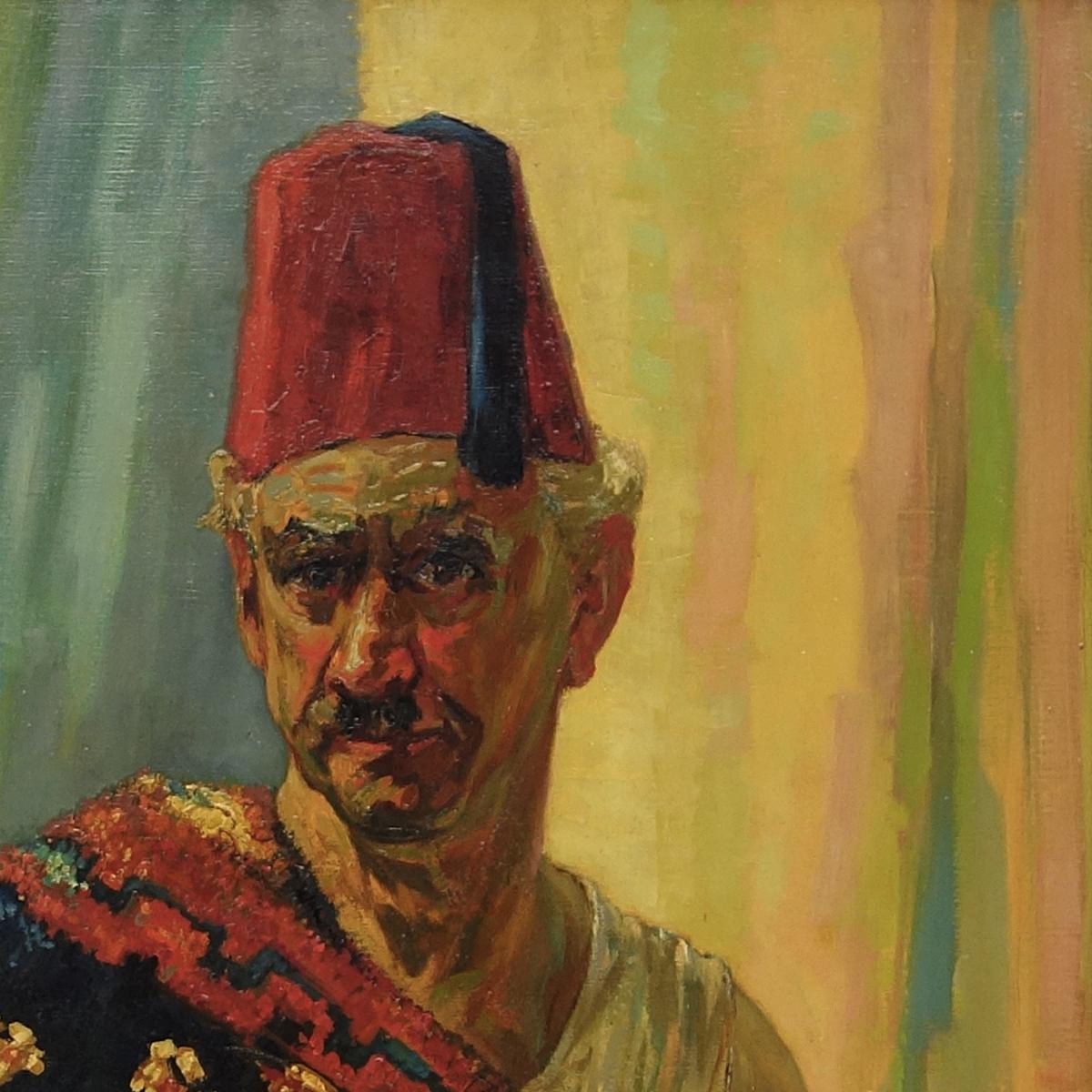Olandese Grande dipinto a olio del 1930 raffigurante un venditore marocchino di kelim e gioielli di Hein Froonen in vendita