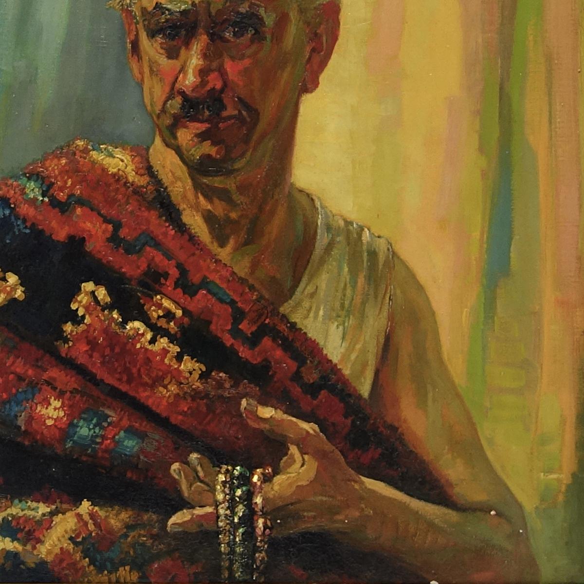 Dipinto Grande dipinto a olio del 1930 raffigurante un venditore marocchino di kelim e gioielli di Hein Froonen in vendita