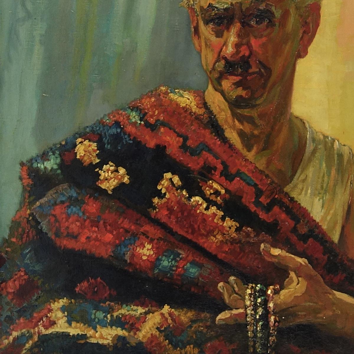 Large 1930s Oil Painting of Moroccan Seller of Kelims and Jewels by Hein Froonen In Good Condition For Sale In Doornspijk, NL