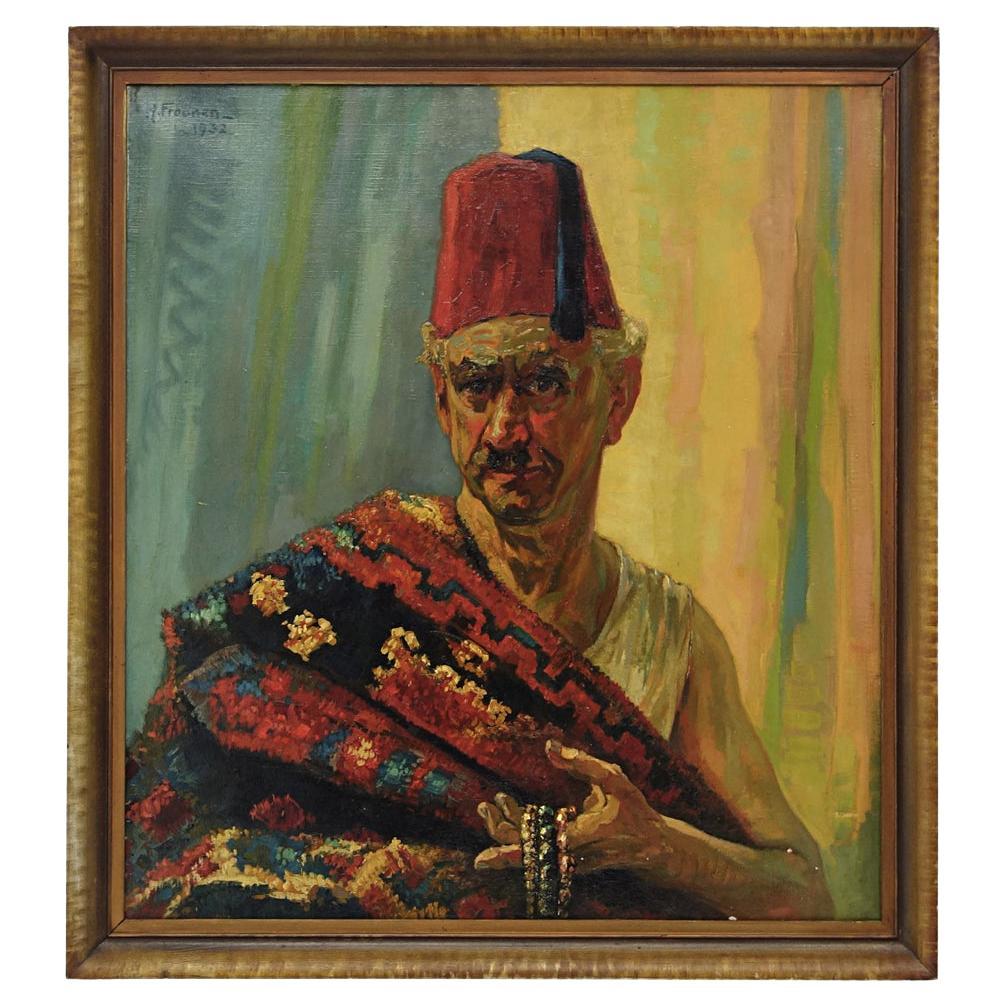 Large 1930s Oil Painting of Moroccan Seller of Kelims and Jewels by Hein Froonen For Sale