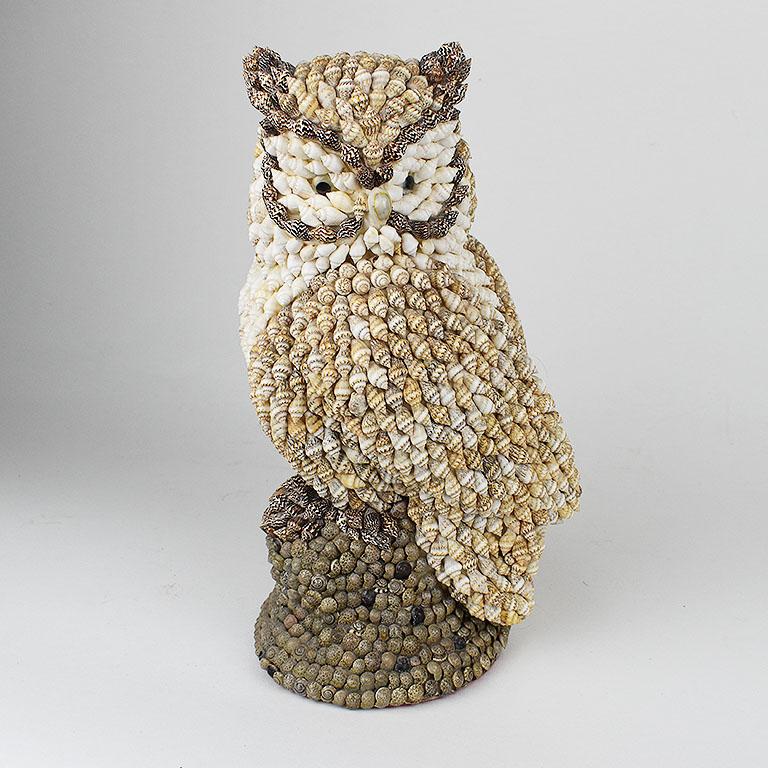 Primitive Large 1930s Folk Art Shell Encrusted Owl in Brown Black and White