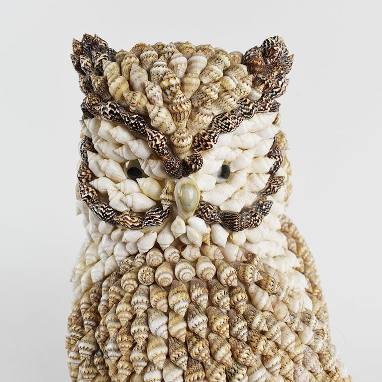 Philippine Large 1930s Folk Art Shell Encrusted Owl in Brown Black and White