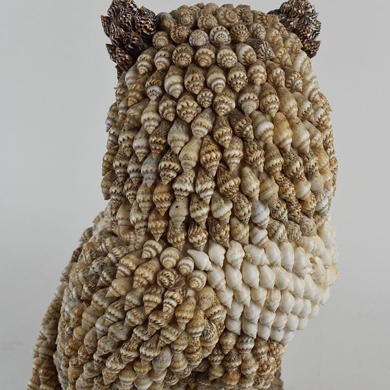 Large 1930s Folk Art Shell Encrusted Owl in Brown Black and White In Excellent Condition In Oklahoma City, OK