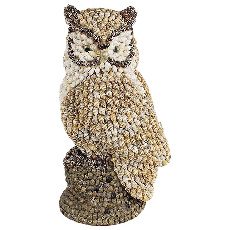 Large 1930s Folk Art Shell Encrusted Owl in Brown Black and White