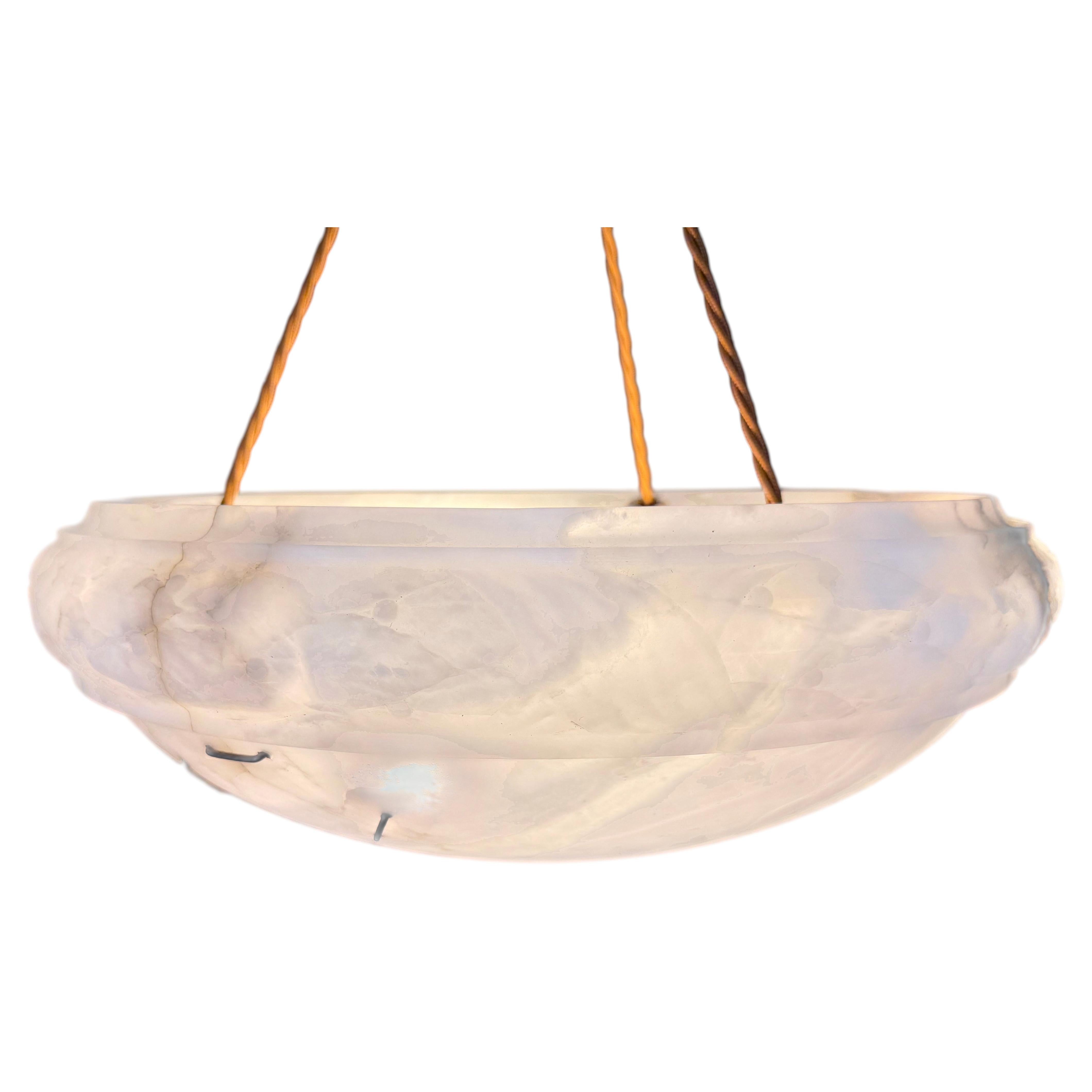 Large 1930s White Alabaster Plafonnier – 50 cm – Restored & Rewired For Sale