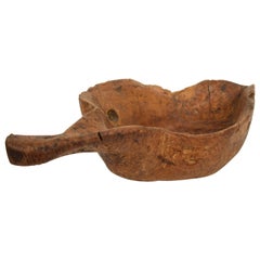 Large 1930s Wooden Bowl European Hand Carved Brown Hardwood Wabi Sabi Folk Art