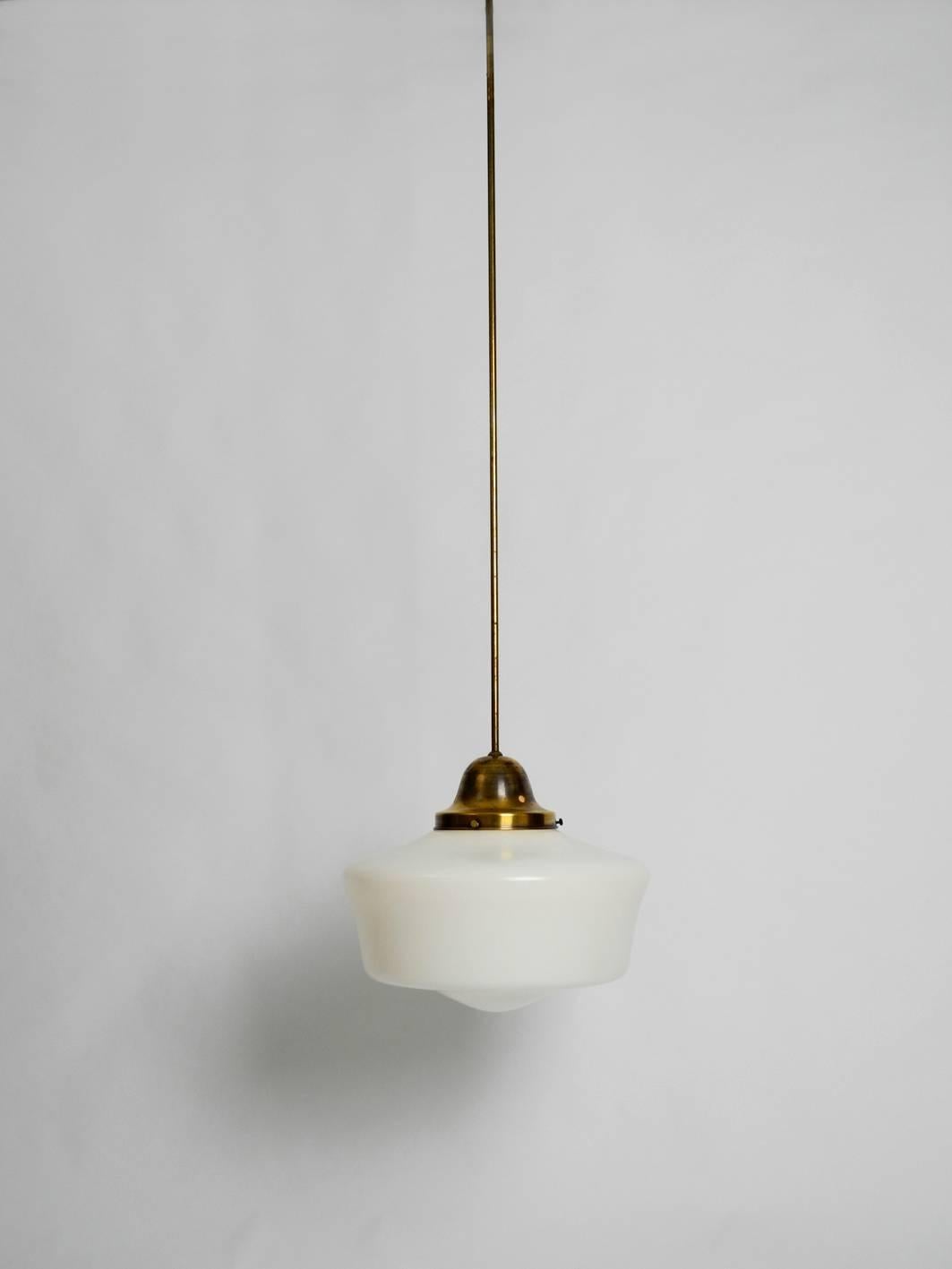 Mid-20th Century Large 1940s Art Deco Industrial Opal Glass Brass Ceiling Lamp with Long Pole
