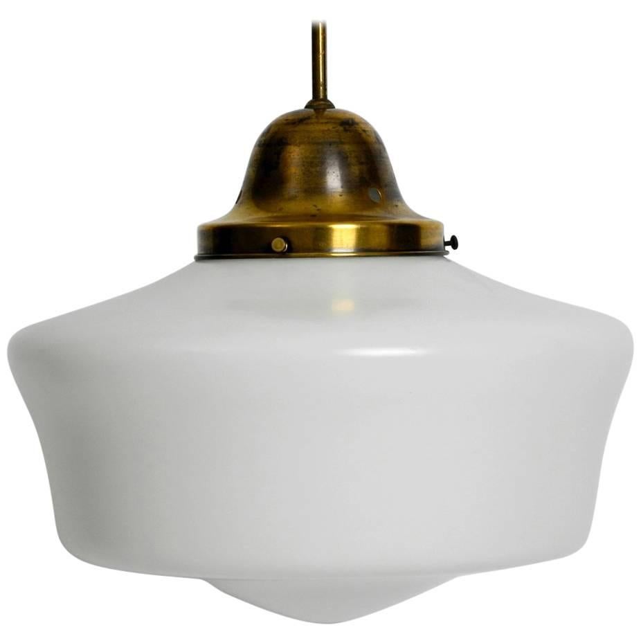 Large 1940s Art Deco Industrial Opal Glass Brass Ceiling Lamp with Long Pole