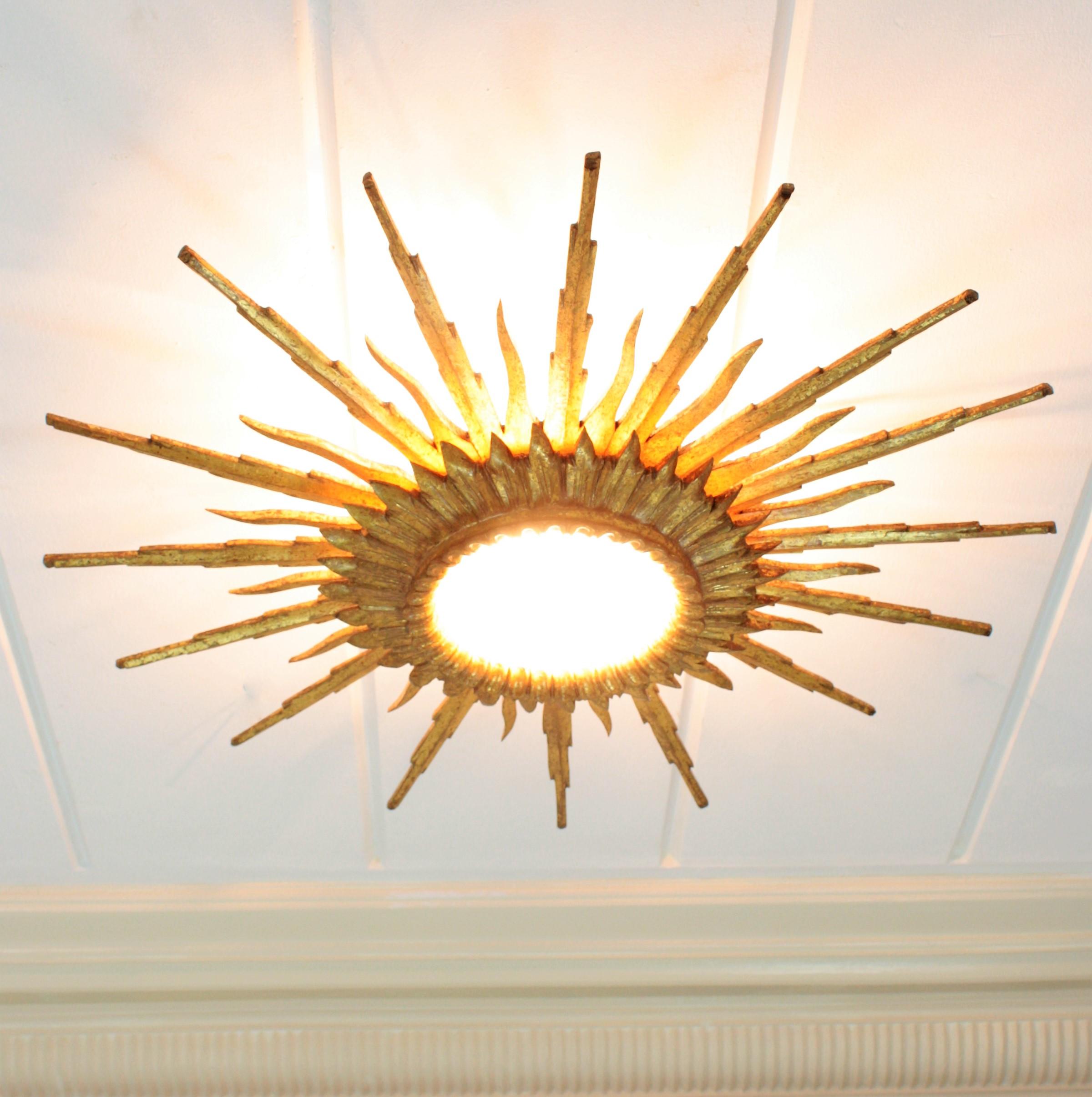 Large 1940s Baroque Gold Leaf Giltwood Sunburst Ceiling Light Fixture or Mirror 2
