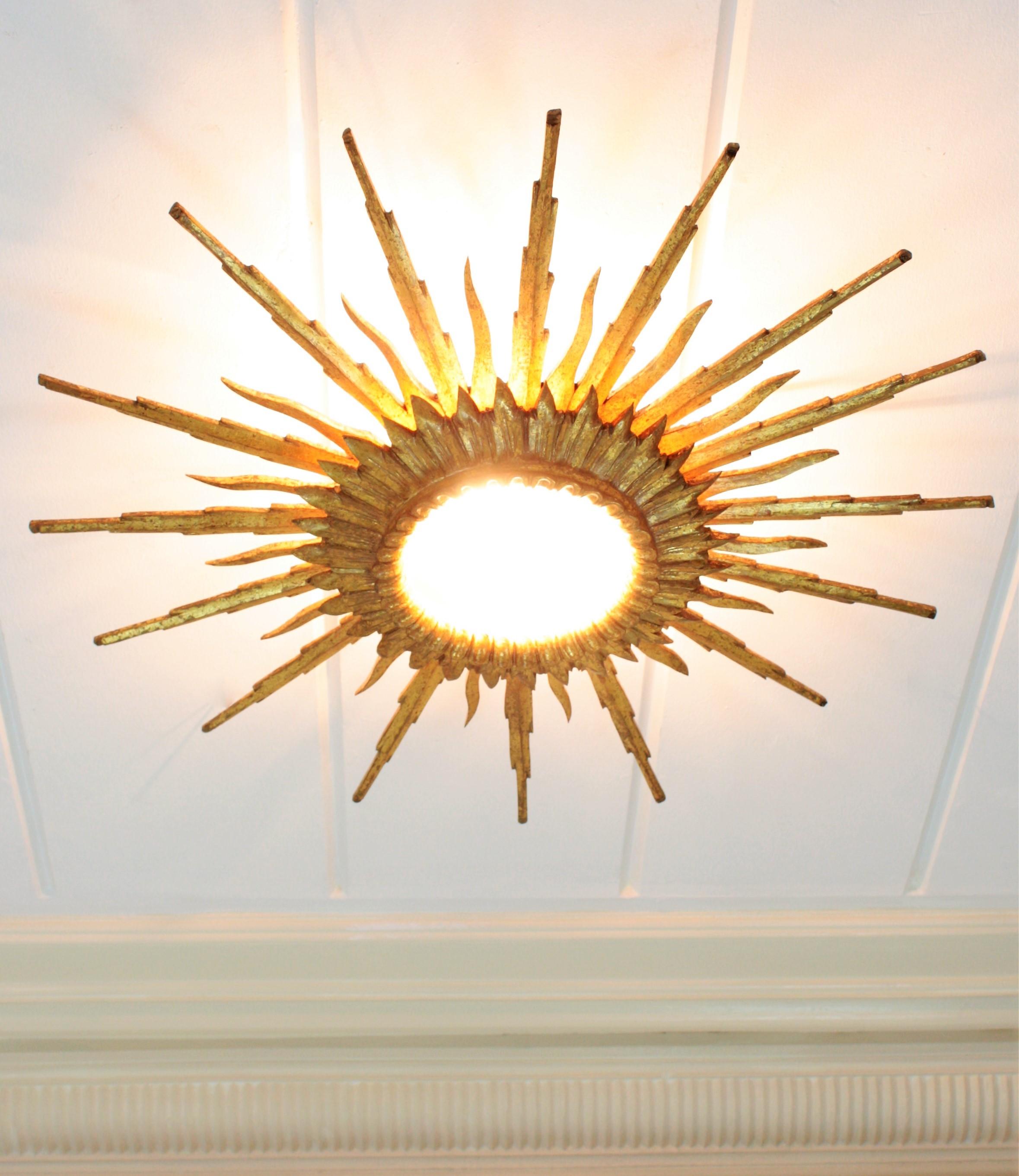 Large 1940s Baroque Gold Leaf Giltwood Sunburst Ceiling Light Fixture or Mirror 3