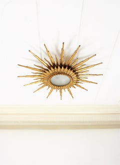 Large 1940s Baroque Gold Leaf Giltwood Sunburst Ceiling Light Fixture or Mirror