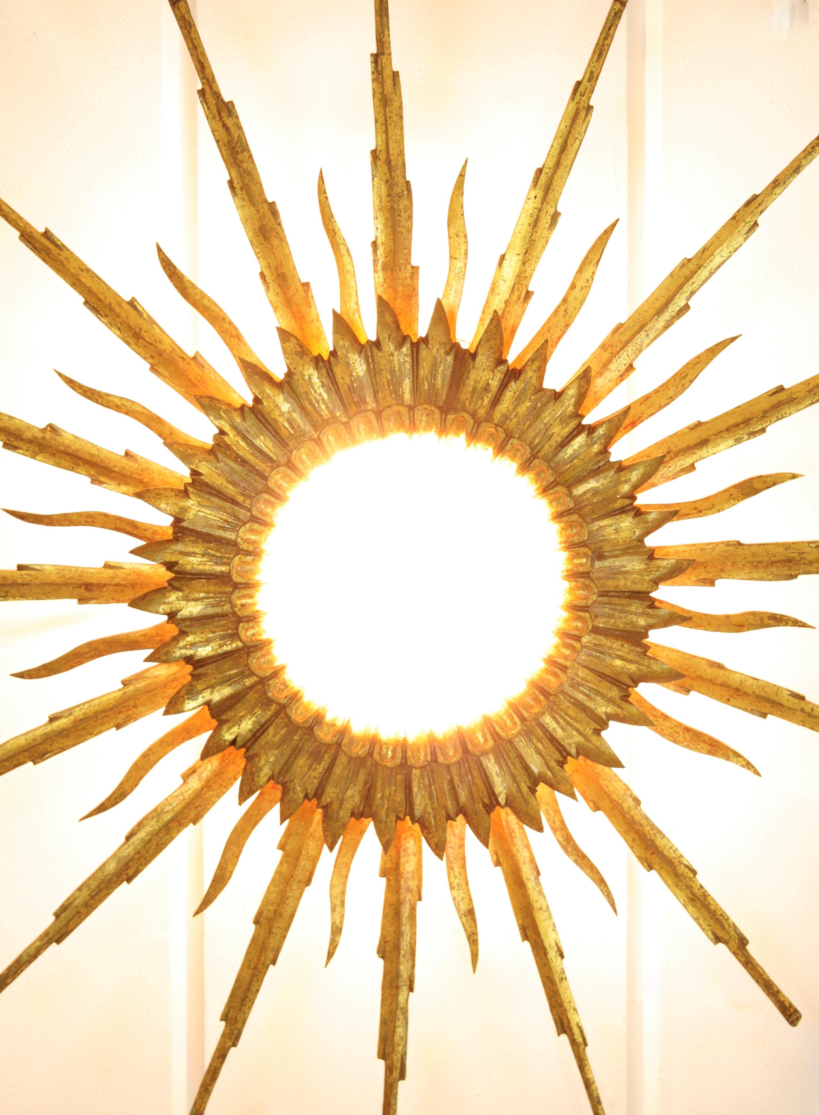 Carved Large 1940s Baroque Gold Leaf Giltwood Sunburst Ceiling Light Fixture or Mirror