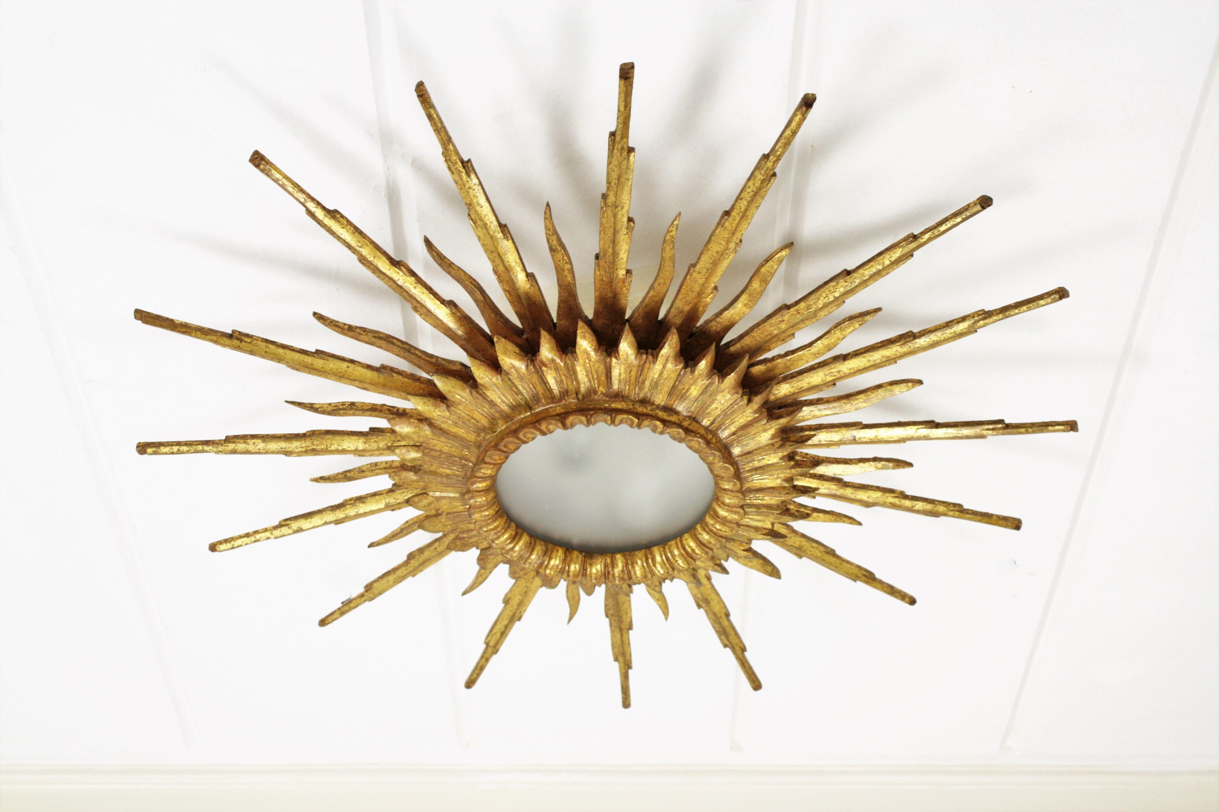 Mid-20th Century Large 1940s Baroque Gold Leaf Giltwood Sunburst Ceiling Light Fixture or Mirror