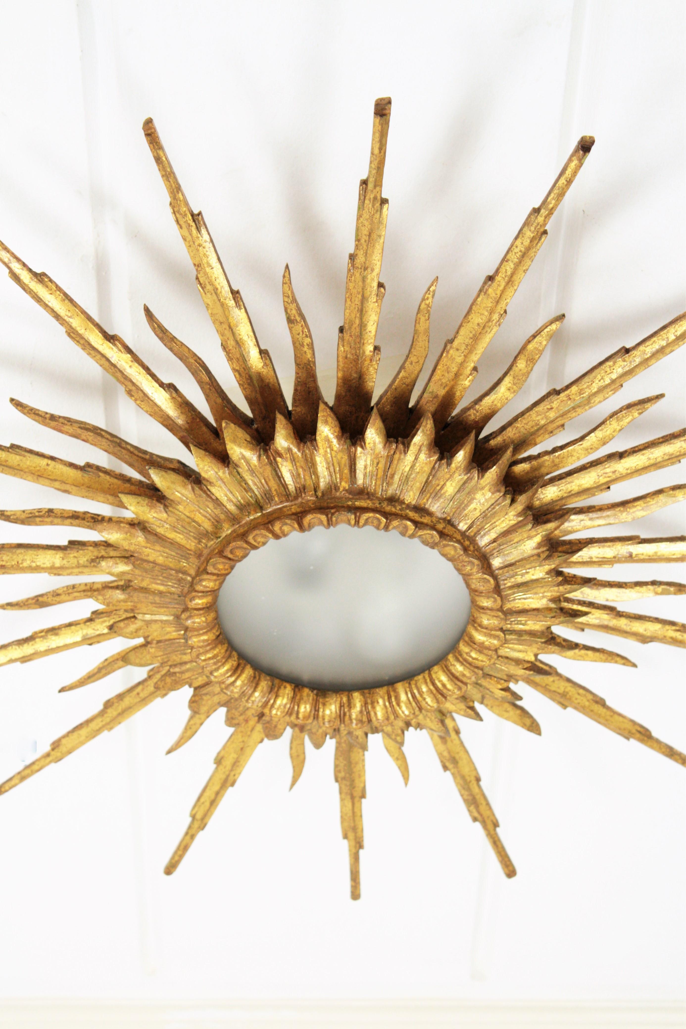 Gesso Large 1940s Baroque Gold Leaf Giltwood Sunburst Ceiling Light Fixture or Mirror