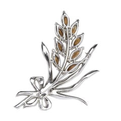 Large 1940s Coro Rhodium Flower Spray, Ribbon Rhinestone Brooch