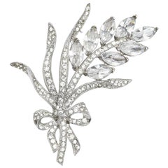 Large 1940s Coro Rhodium Flower Spray, Ribbon Rhinestone Brooch