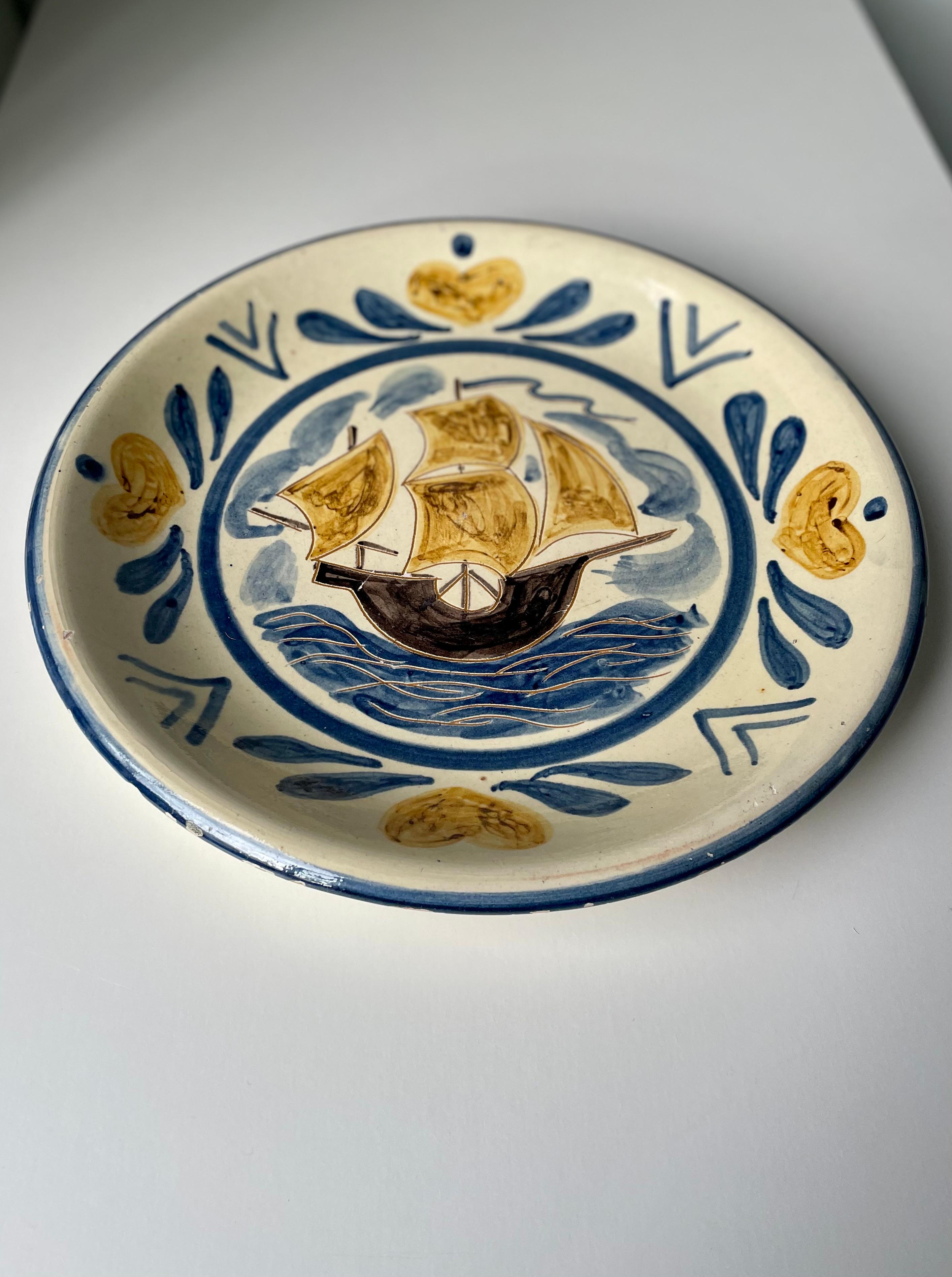 Ceramic Humlebæk Large 1940s Danish Hand-Painted Decorative Centerpiece Bowl For Sale