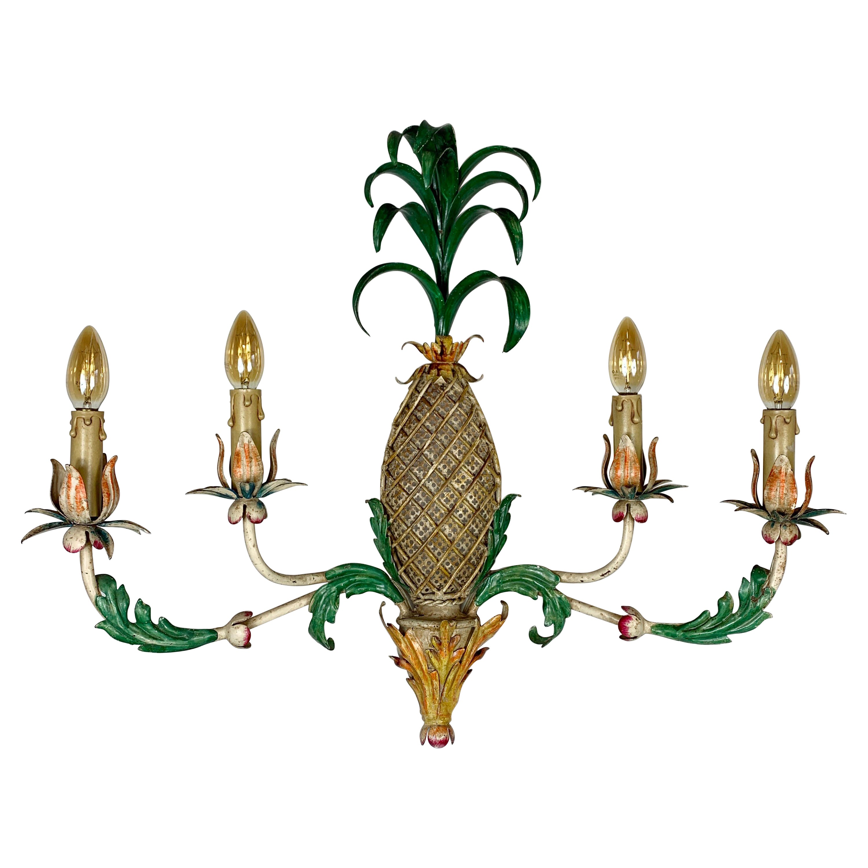 Grande lampe murale à ananas en faïence verte et jaune des années 1940 en vente
