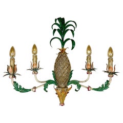 Grande lampe murale à ananas en faïence verte et jaune des années 1940