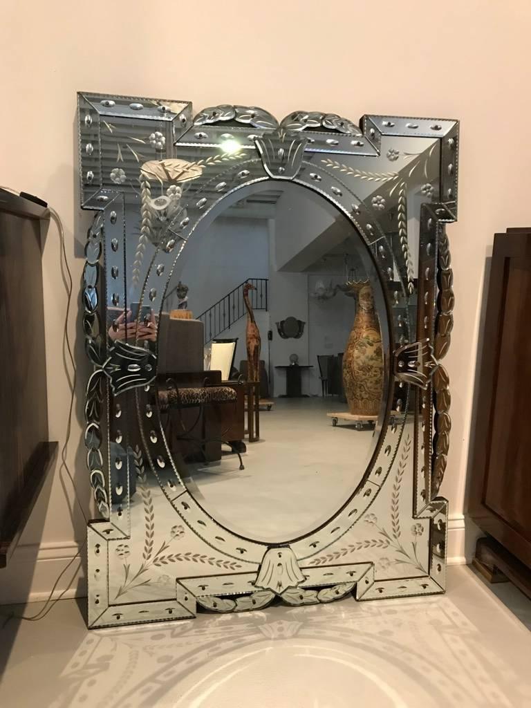 Hollywood Regency Large 1940s Italian Venetian Beveled Glass Mirror