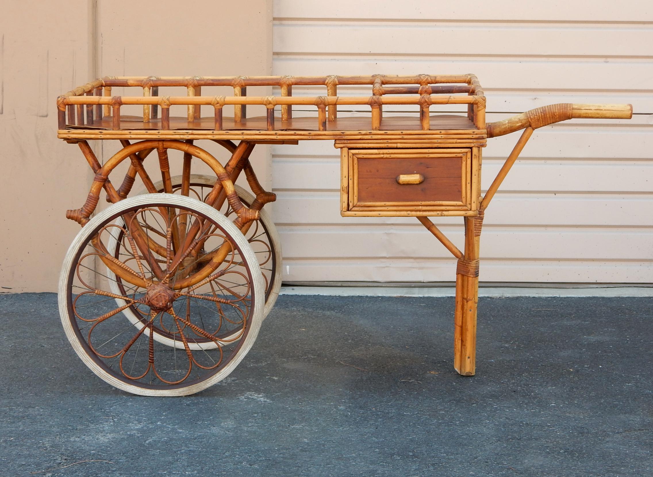 Large 1940s Japanese Cane & Rattan Serving Bar Cart For Sale 1