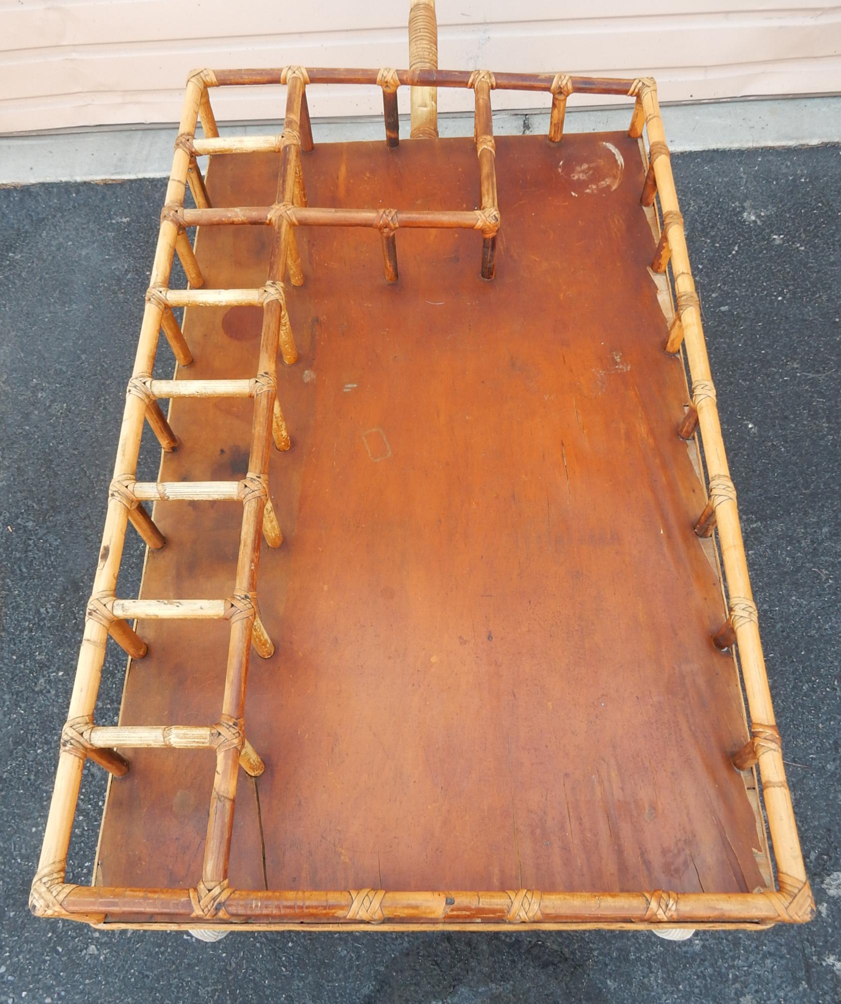 Art Deco Large 1940s Japanese Cane & Rattan Serving Bar Cart For Sale