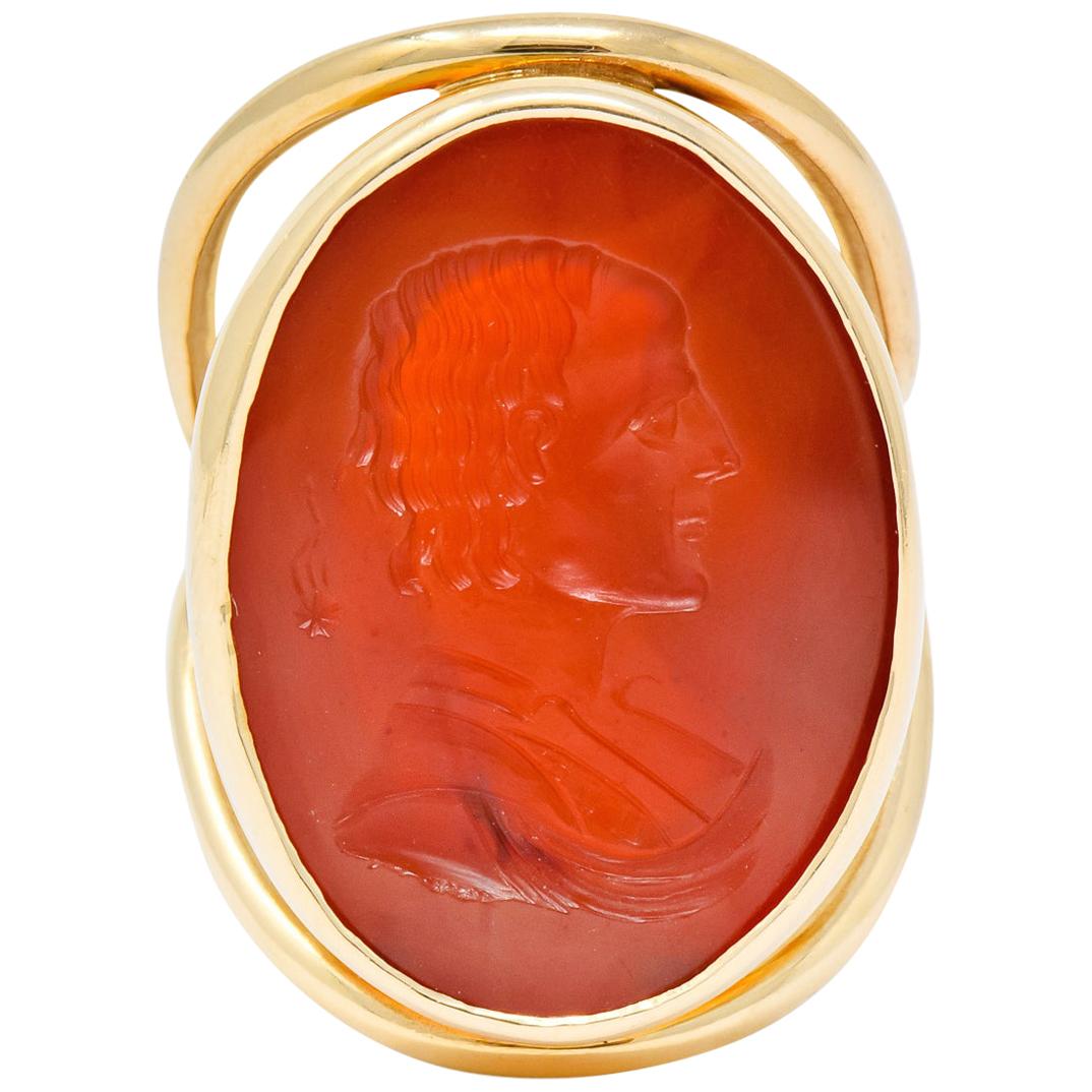 Large 1940s Retro Carnelian Carved Male Silhouette Intaglio 14 Karat Gold Ring