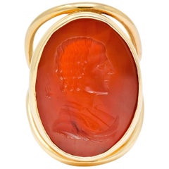 Large 1940s Vintage Carnelian Carved Male Silhouette Intaglio 14 Karat Gold Ring