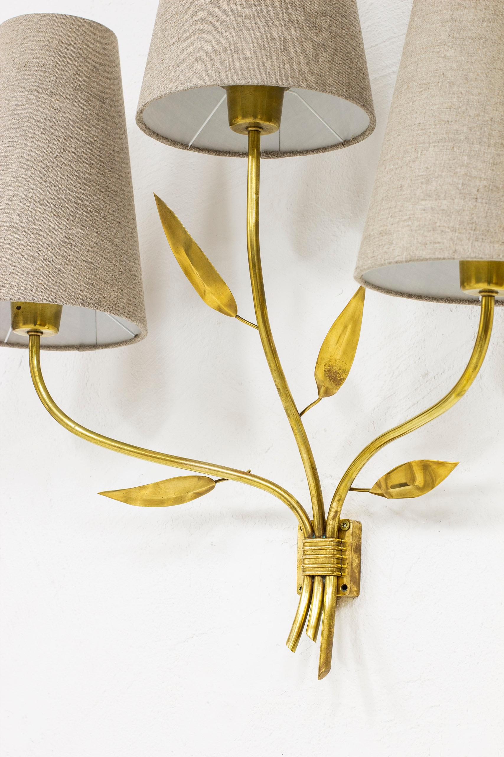 Large 1940s Swedish Modern Wall Lamps in Brass and Linen 1