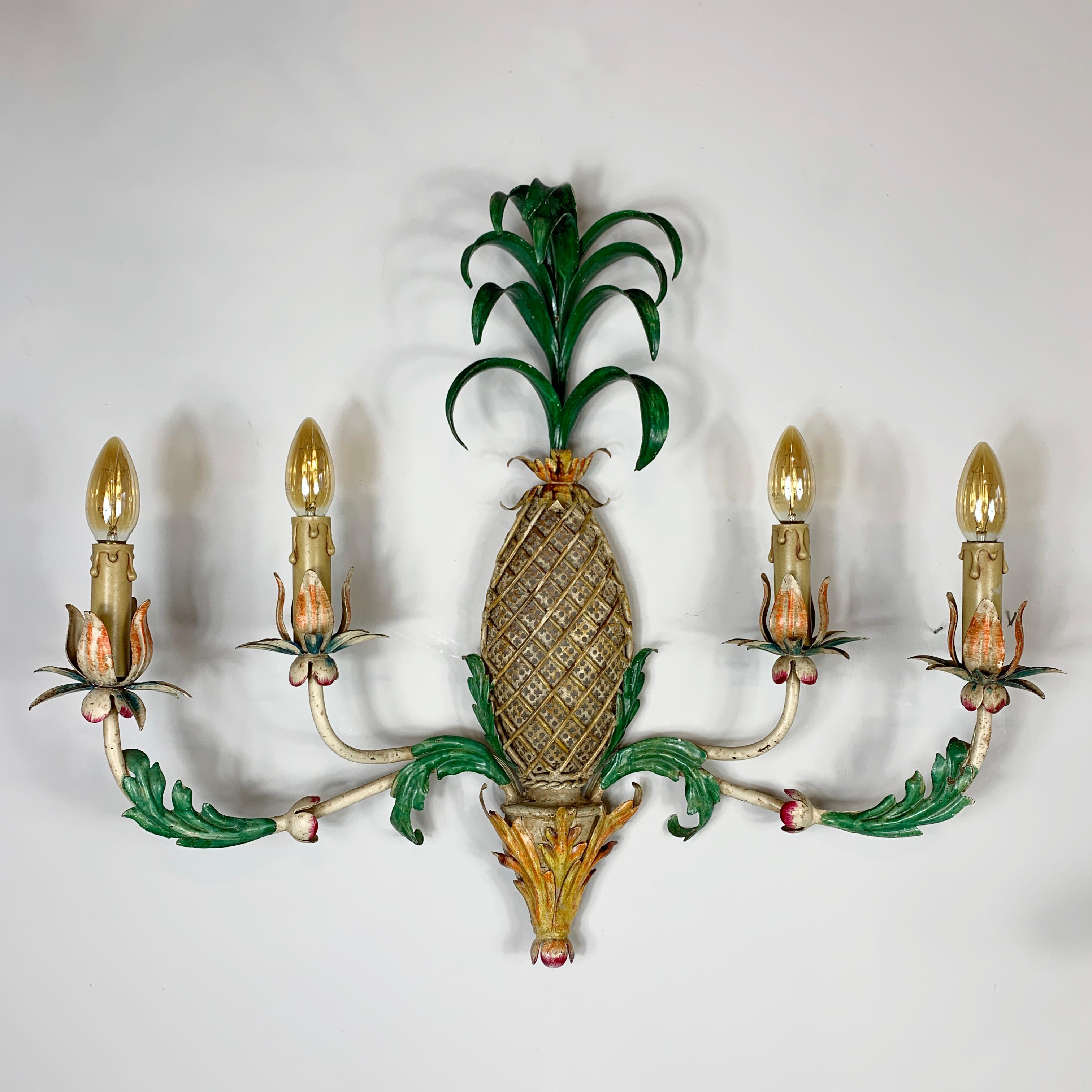 Large 1940's Green and Yellow Toleware Pineapple Wall Light For Sale 2